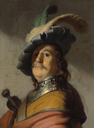Een man in een gorget en muts door Rembrandt van Rijn