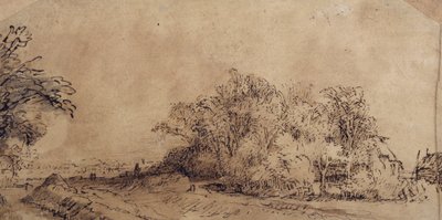 Een ruwe weg langs de dijk met bomen die een boerderij verbergen door Rembrandt Harmensz. van Rijn