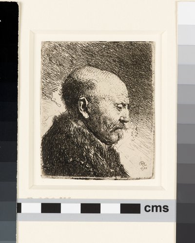 Kaalhoofdige man in profiel rechts: Rembrandts vader? door Rembrandt van Rijn