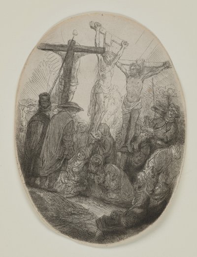 Christus gekruisigd tussen twee dieven: een ovale plaat, ca. 1641 door Rembrandt van Rijn