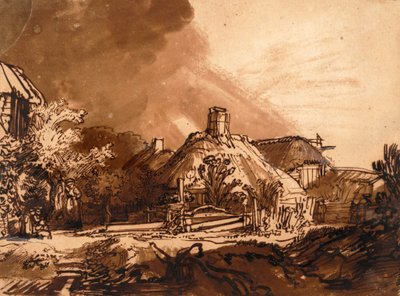 Huisjes voor een stormachtige lucht door Rembrandt van Rijn