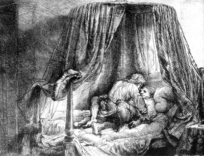 Koppel dat de liefde bedrijft in bed, gravure door Rembrandt van Rijn (1606-1669) 1646 door Rembrandt Harmensz. van Rijn