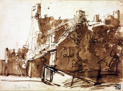 Boerderij in zonlicht - Rembrandt van Rhijn (1606-1669) - 1635-1636 - Pen, penseel, bruine kleur op papier - 16,4x22,3 cm - Szepmuveszeti Muzeum, Boedapest door Rembrandt Harmensz. van Rijn