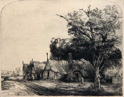 Landschap met drie hutten door Rembrandt Harmensz. van Rijn