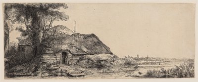 Landschap met een huisje en een grote boom door Rembrandt Harmensz. van Rijn