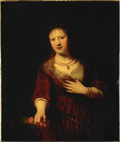Saskia met een rode bloem (schilderij) door Rembrandt Harmensz. van Rijn