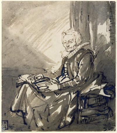 Zittende vrouw met open boek op schoot, ca.1639 (pen, bruine inkt  bruin gewassen) door Rembrandt Harmensz. van Rijn