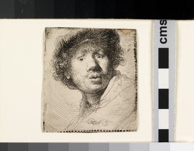 Zelfportret met een pet, open mond door Rembrandt van Rijn