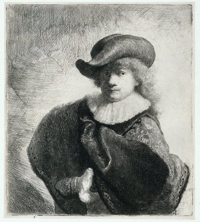 Zelfportret met een zachte hoed en een patroonmantel door Rembrandt Harmensz. van Rijn