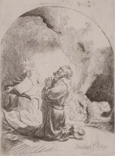 St. Hiëronymus biddend: gebogen prent door Rembrandt van Rijn