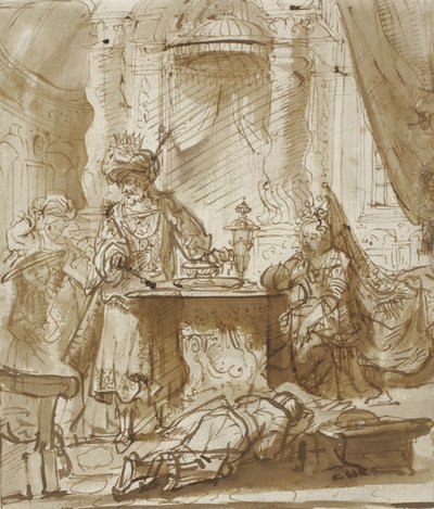 De vernedering van Haman voor Ahasveros en Esther door Rembrandt van Rijn