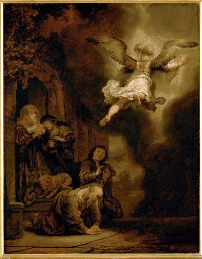 De aartsengel Rafaël verlaat de familie van Tobit ... door Rembrandt Harmensz. van Rijn