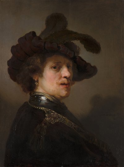 Tronie van een man met een gevederde baret door Rembrandt van Rijn