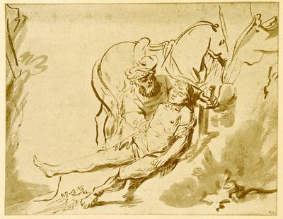 De barmhartige Samaritaan onderzoekt de gewonde door Rembrandt van Rijn