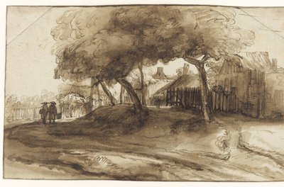 Huizen en bomen op een dijk door Rembrandt van Rijn (school of)