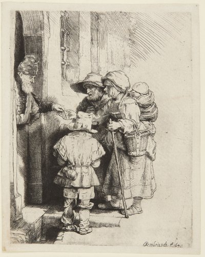 Een blinde draailierspeler en zijn gezin die aalmoezen ontvangen door Rembrandt van Rijn