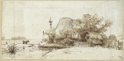 Een Boerderij bij een Stroom door Rembrandt van Rijn