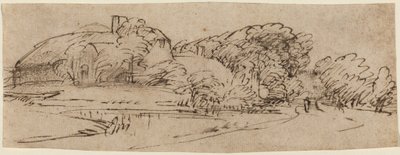 Een landschap met boerderijgebouwen tussen de bomen door Rembrandt van Rijn