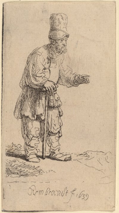 Een boer met een hoge pet, staand leunend op een stok door Rembrandt van Rijn