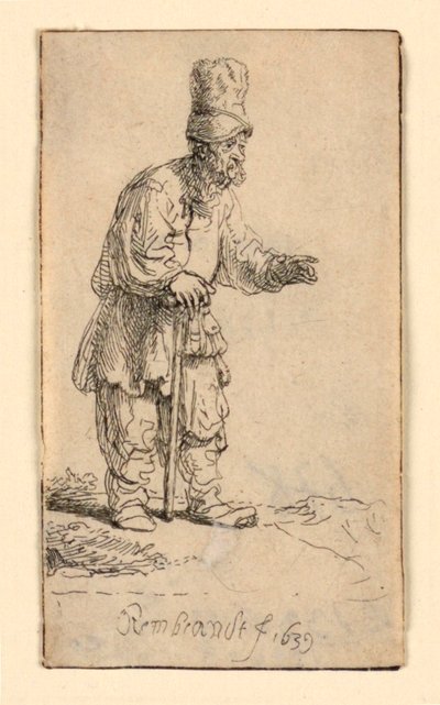 Een boer met een hoge pet, staand leunend op een stok door Rembrandt van Rijn