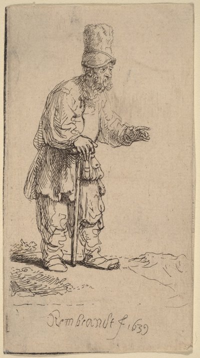 Een boer met een hoge muts, staand en leunend op een stok door Rembrandt van Rijn