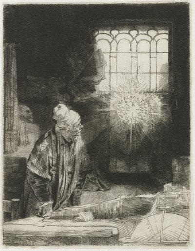 Een geleerde in zijn studeerkamer door Rembrandt van Rijn