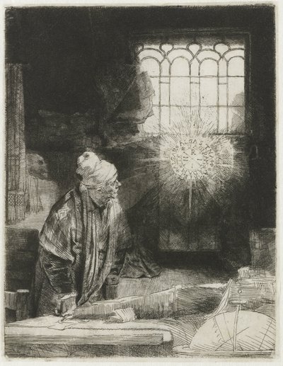 Een geleerde in zijn studeerkamer door Rembrandt van Rijn