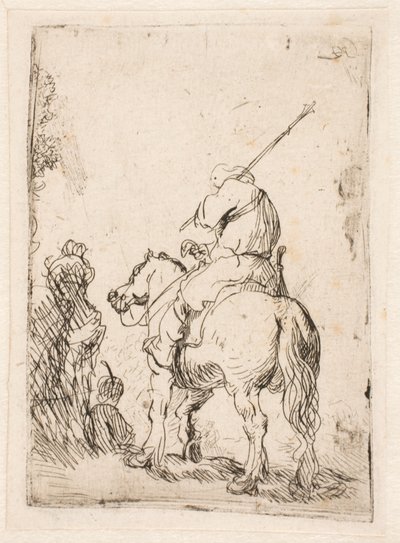 Een soldaat met een tulband te paard door Rembrandt van Rijn