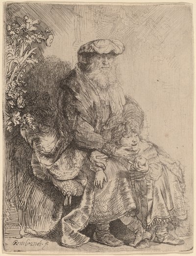 Abraham streelt Isaac door Rembrandt van Rijn