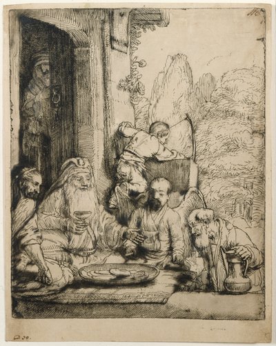 Abraham ontvangt de engelen door Rembrandt van Rijn
