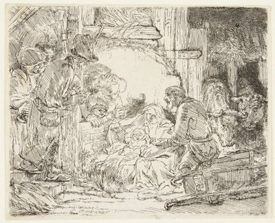 De aanbidding van de herders met de lamp door Rembrandt van Rijn