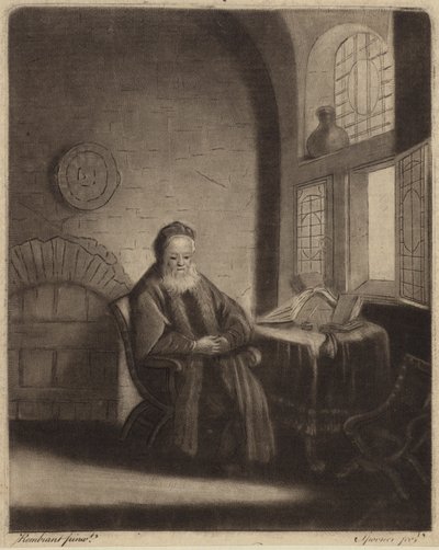Een bejaarde bebaarde filosoof zittend aan een bureau voor een raam door Rembrandt van Rijn