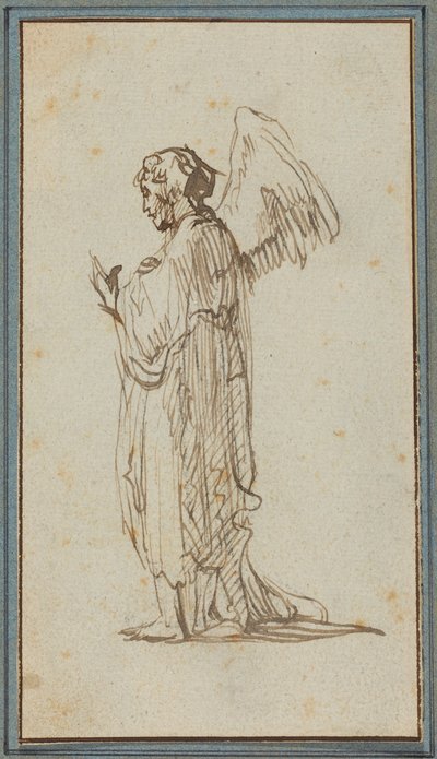 Staande engel (pen en bruine inkt over sporen van houtskool op geschept papier) door Rembrandt van Rijn