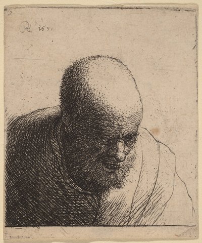 Kale man met open mond, die naar beneden kijkt door Rembrandt van Rijn