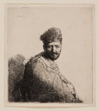 Behaarde Man, in Oosterse Bontmuts en Gewaad door Rembrandt van Rijn