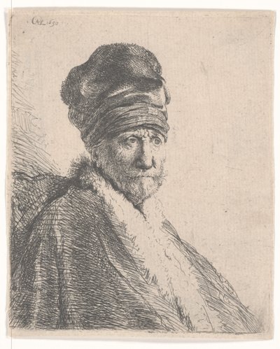 Behaarde man in een oosterse bontmuts en gewaad, met een hoge muts, 1630 door Rembrandt van Rijn