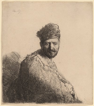 Baardige Man in een Bont Oosters Hoofddeksel en Gewaad: de Vader van de Kunstenaar door Rembrandt van Rijn