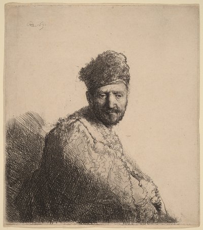 Een man met een baard, met een met bont afgewerkte oosterse muts en mantel: de vader van de kunstenaar door Rembrandt van Rijn