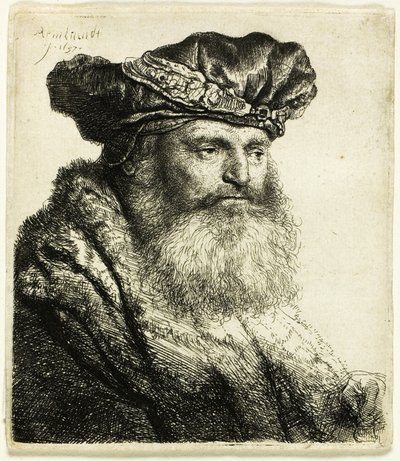 Baardige man in een fluwelen muts met juweelklem door Rembrandt van Rijn
