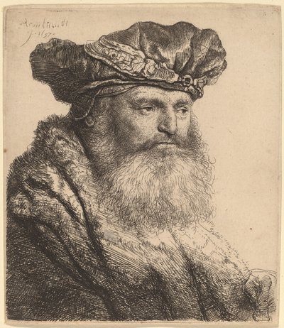 Bebaarde man in een fluwelen muts met een juweel door Rembrandt van Rijn
