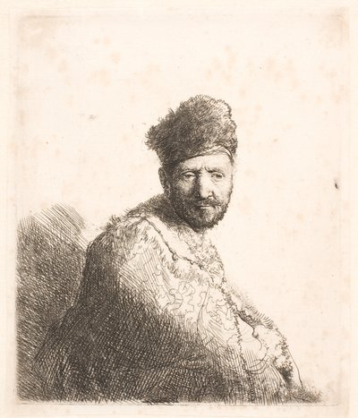 Man met baard (Rembrandts vader) met een met bont afgezette oosterse muts en mantel: halflang portret door Rembrandt van Rijn