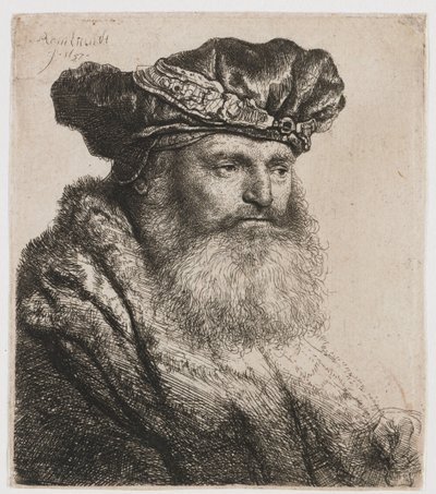 Bearded man in a velvet cap with a jewel clasp door Rembrandt van Rijn