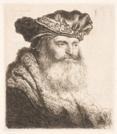 Baardige man met een fluwelen muts met juweelgesp door Rembrandt van Rijn