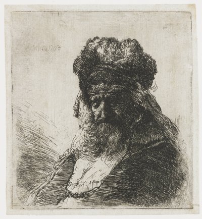 Bejaarde man met baard in een hoge bontmuts, met gesloten ogen door Rembrandt van Rijn