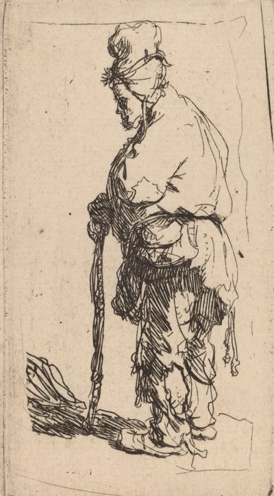 Bedelaar leunend op een stok, naar links gericht door Rembrandt van Rijn