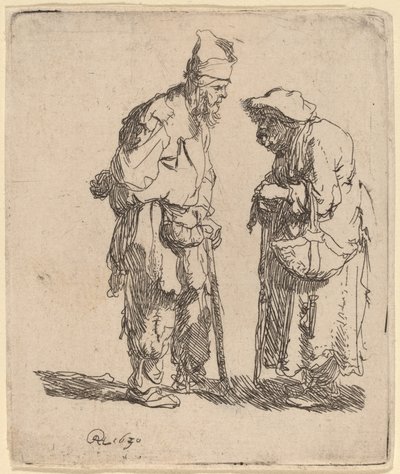 Bedelman en bedelvrouw in gesprek door Rembrandt van Rijn