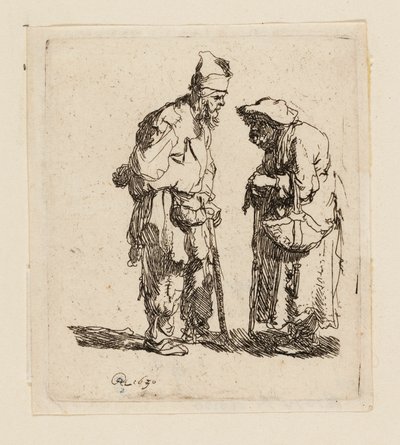 Bedelaar en bedelares in gesprek door Rembrandt van Rijn