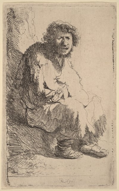 Bedelaar zittend op een oever door Rembrandt van Rijn