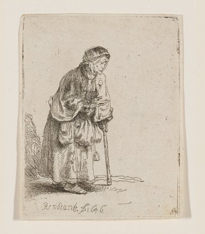 Bedelende vrouw leunend op een stok door Rembrandt van Rijn