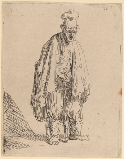 Bedelaar met een hoge muts, staand en leunend op een stok door Rembrandt van Rijn